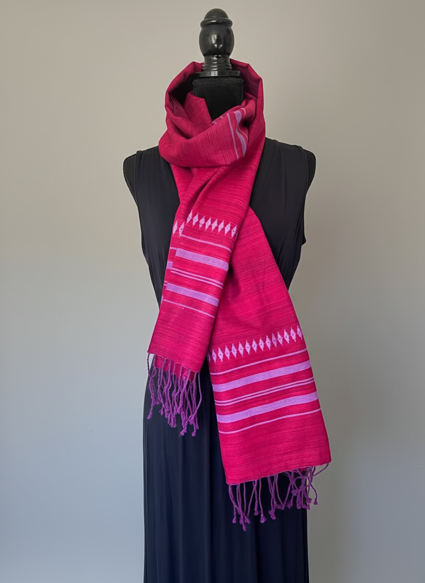 Fuchsia Vegan Silk Scarf with diamond motifs - coiled