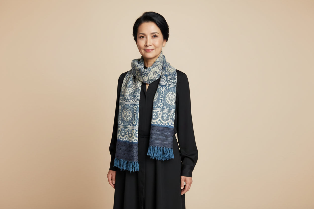 Geometric circles in Ajrakh printing technique on fine wool scarf - rolled style