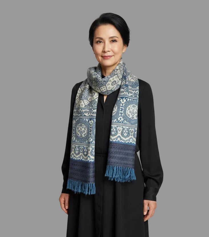 Geometric circles in Ajrakh printing technique on fine wool scarf - rolled style