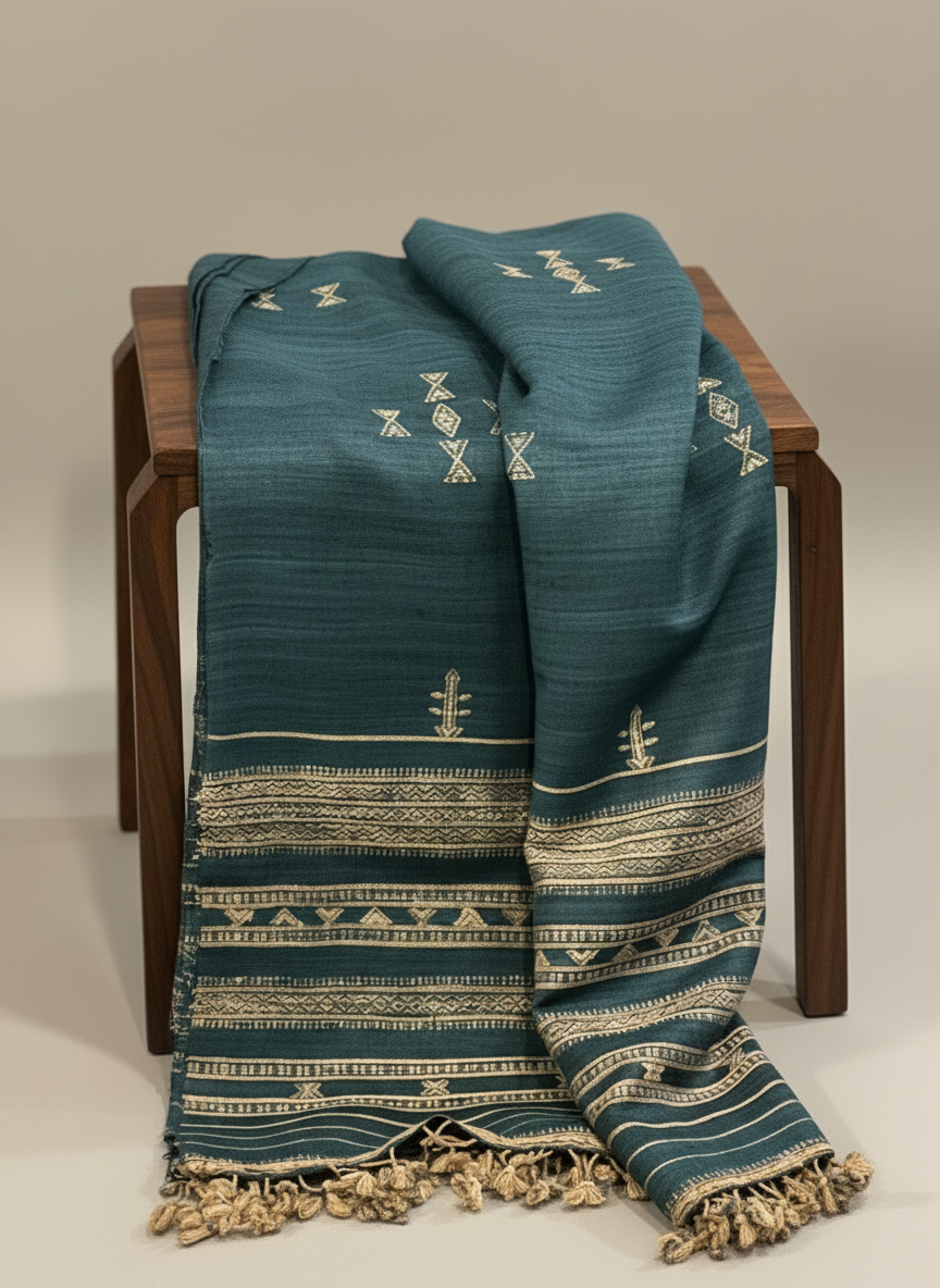 Indigo fine silk-wool luxury woven blanket with white patterns draped over a wooden stool on a beige background