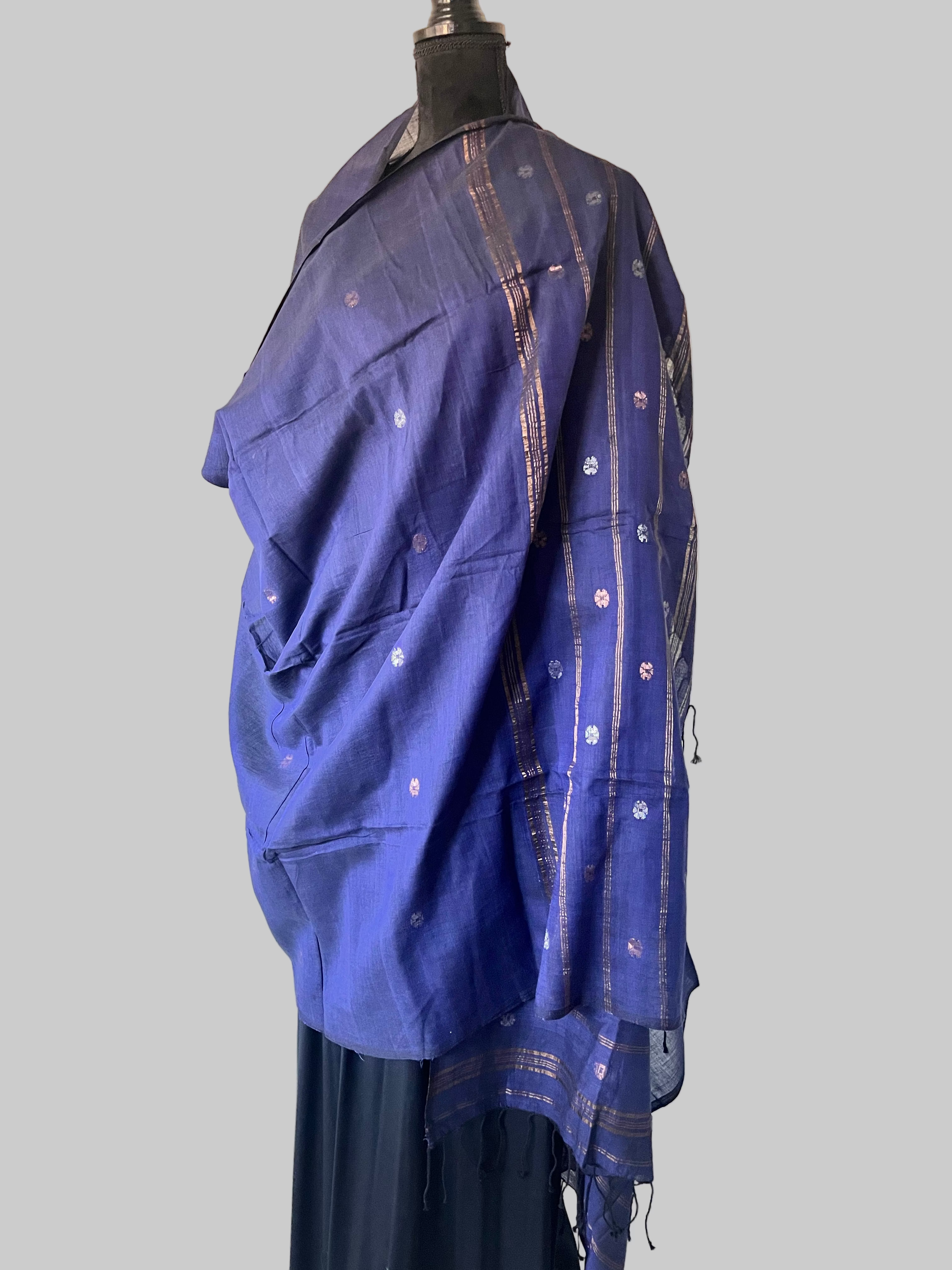 Indigo Zari Boota Luxury Jamdani scarf on dress form