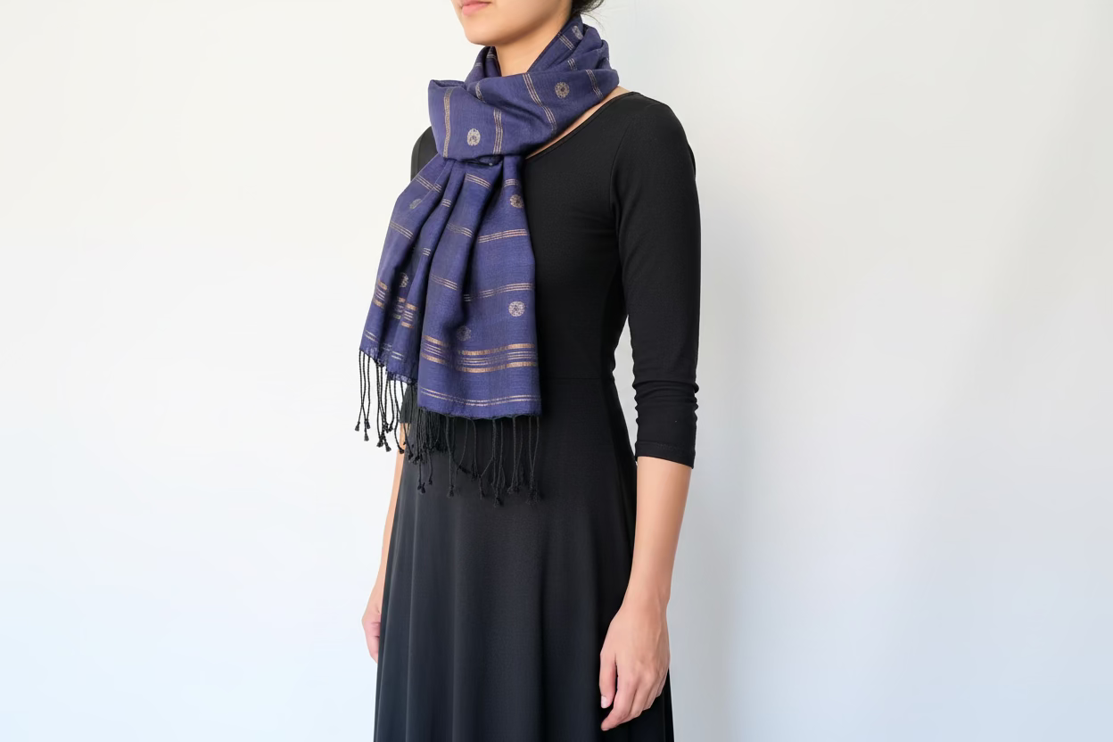 Indigo Zari Floral oota Jamdani Muslin Luxury Scarf - coiled