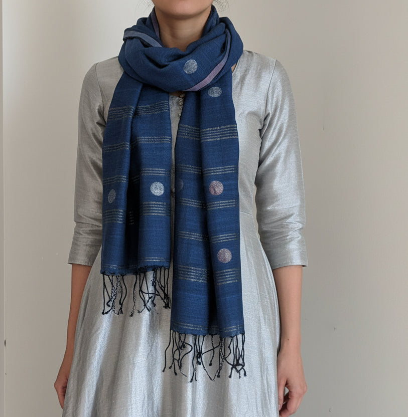 Indigo Zari circle muslin Jamdani long scarf on model