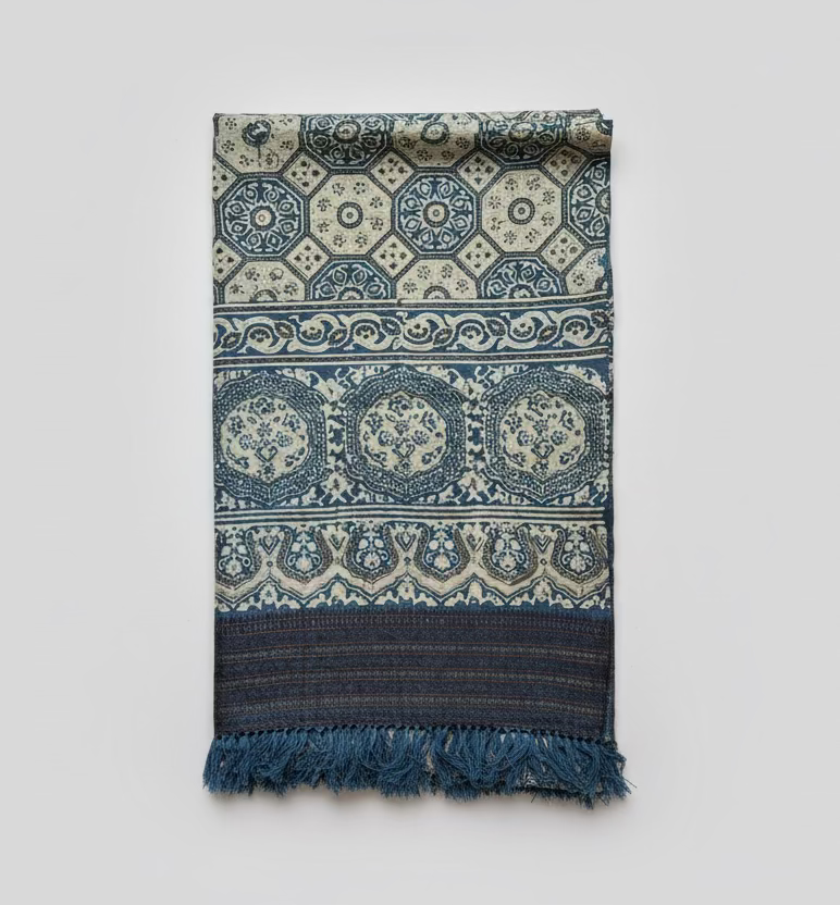 Indigo geometric circles fine wool luxury scarf 