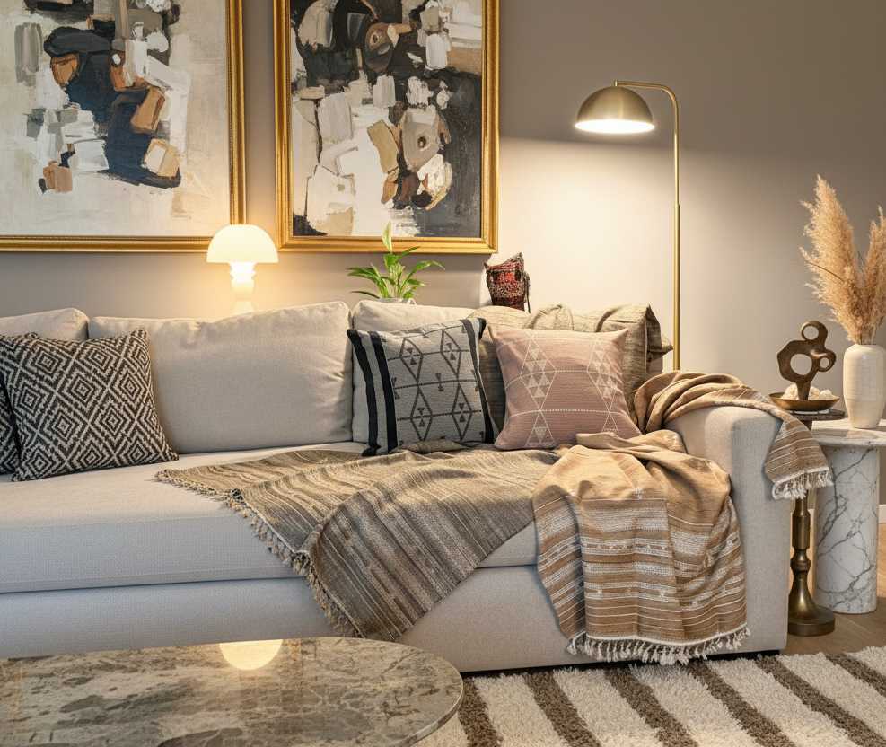 Jalboota silk wool charcoal and sand throws on couch