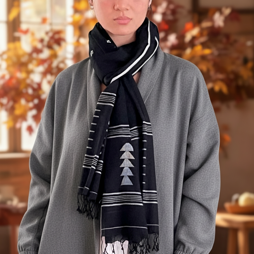 Woman wearing a black and white patterned Jamdani muslin scarf on a gray background