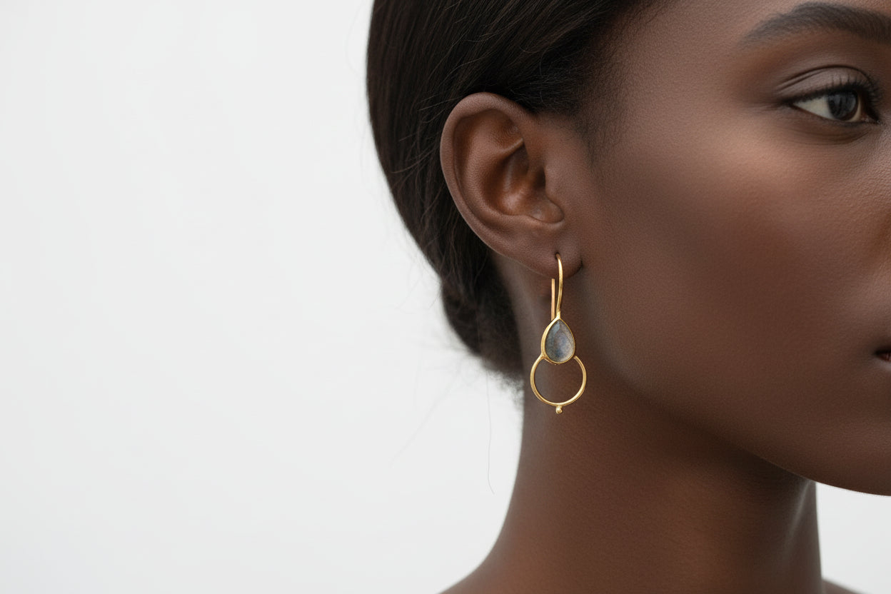 Labradorite Gold Plated long earrings - fine jewelry - on black woman