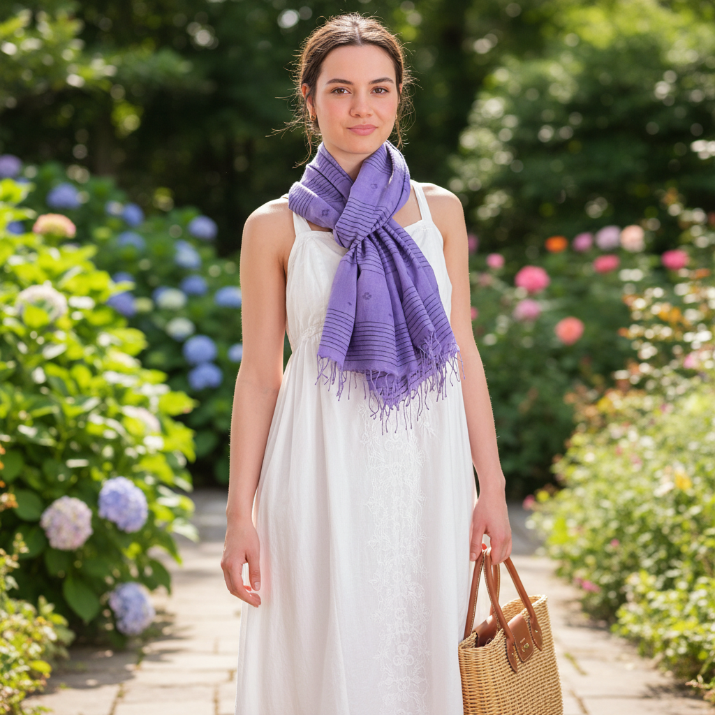 Woman wearing a purple lilac scarf with purple jamdani motifs