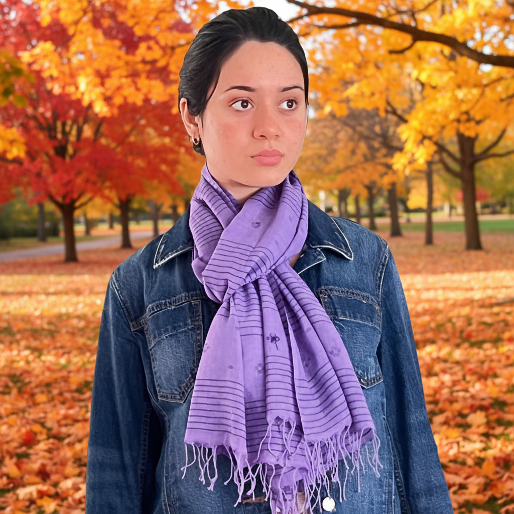 Woman wearing a lilac cotton Jamdani scarf and denim jacket on a white background