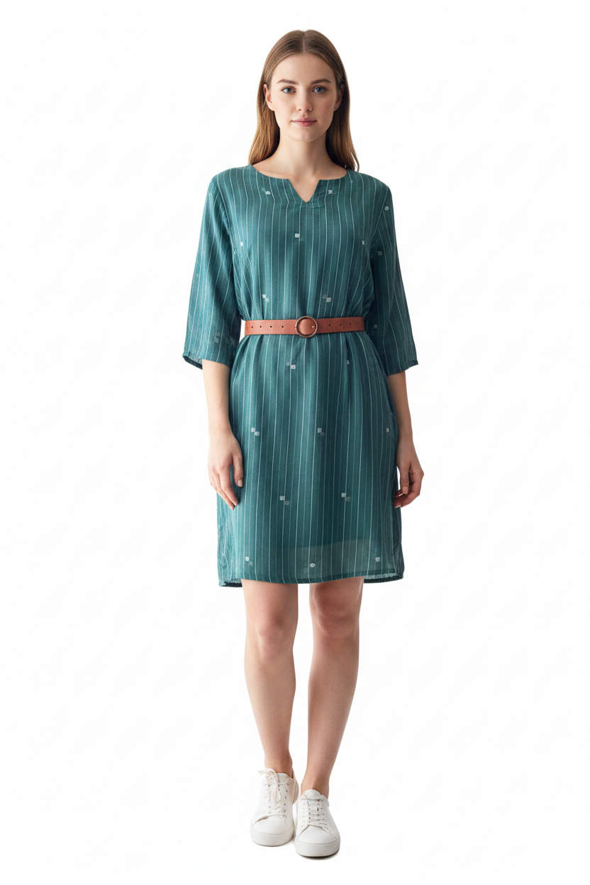 Teal dress with a tan belt on a woman