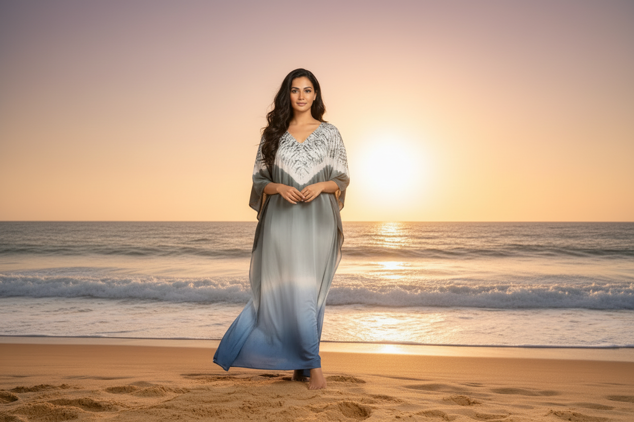 Modal_Silk_Kaftan_-_Blue_Grey_and_Shibori on a beach