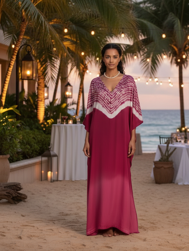 Modal_Silk_Kaftan_Fuchsia_and_Shibori at a beach cocktails party