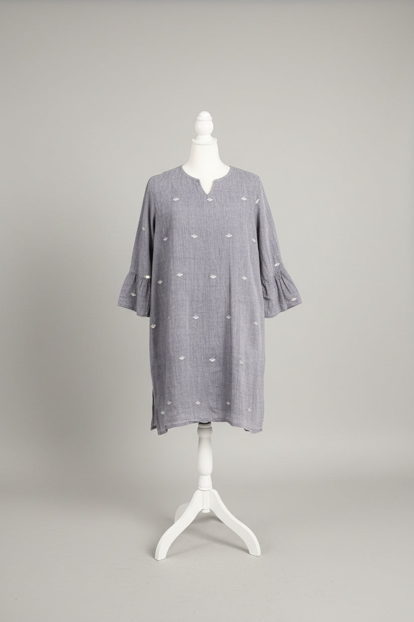Monsoon dress with Ruffled sleeves - with white diamond jamdani motifs