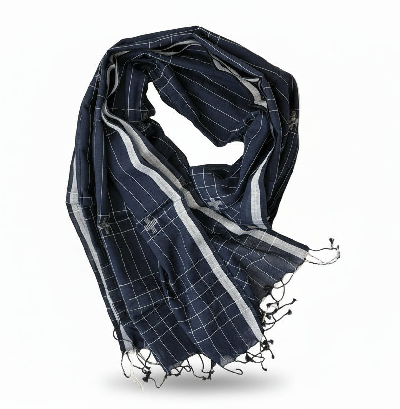 Navy with white checks muslin Jamdani scarf