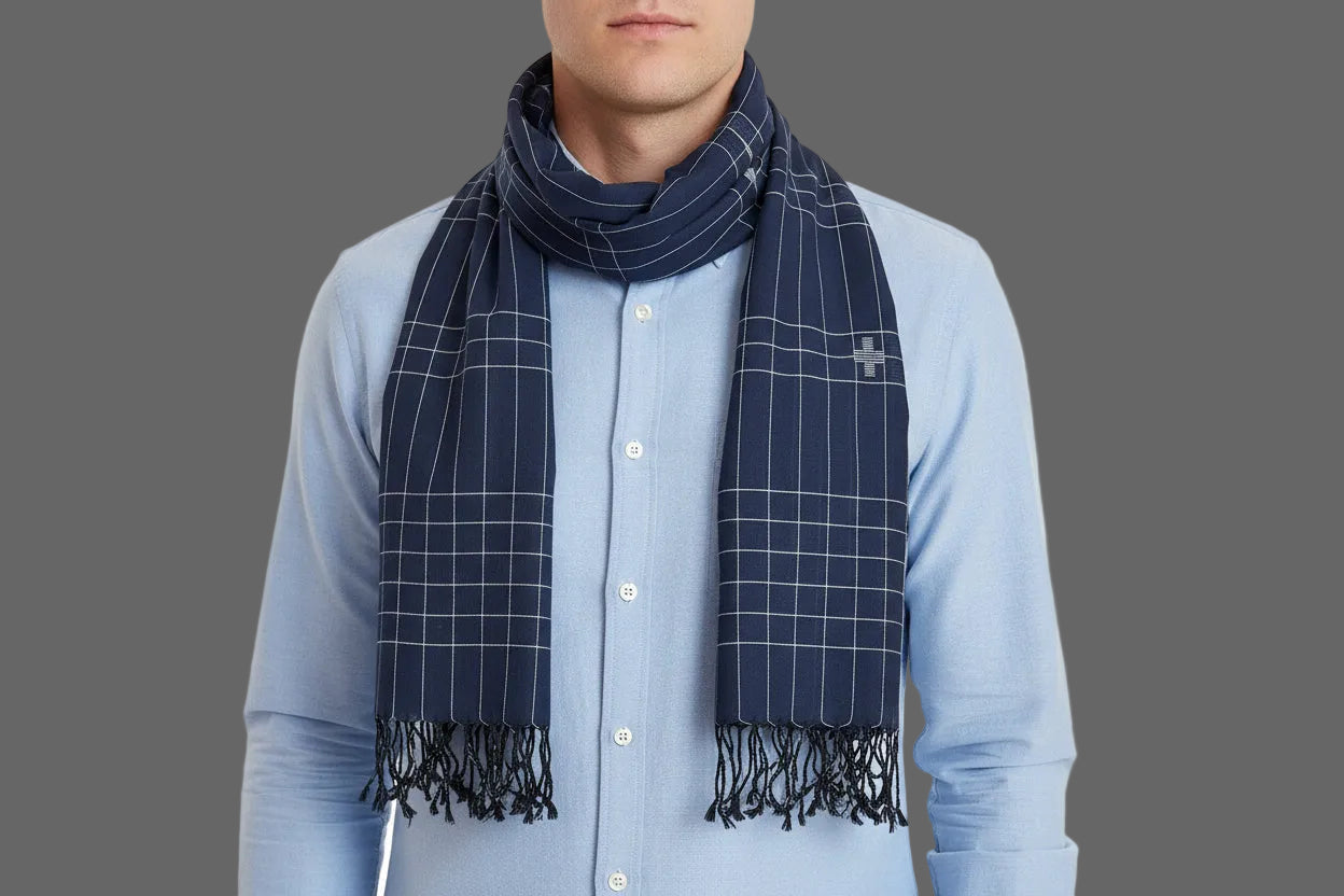 Navy with white checks muslin Jamdani scarf - on male