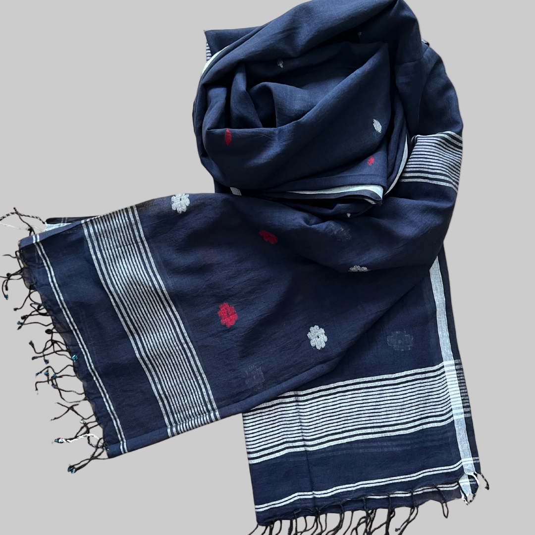 Black scarf with white and red Jamdani floral patterns