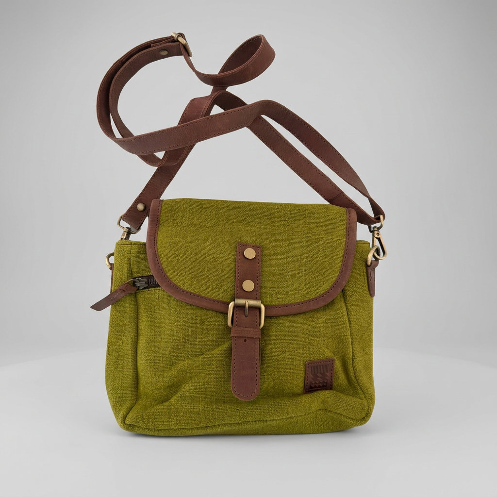An olive green canvas crossbody bag with dark brown leather trim, a front flap pocket with a buckle strap, and a long adjustable shoulder strap, 