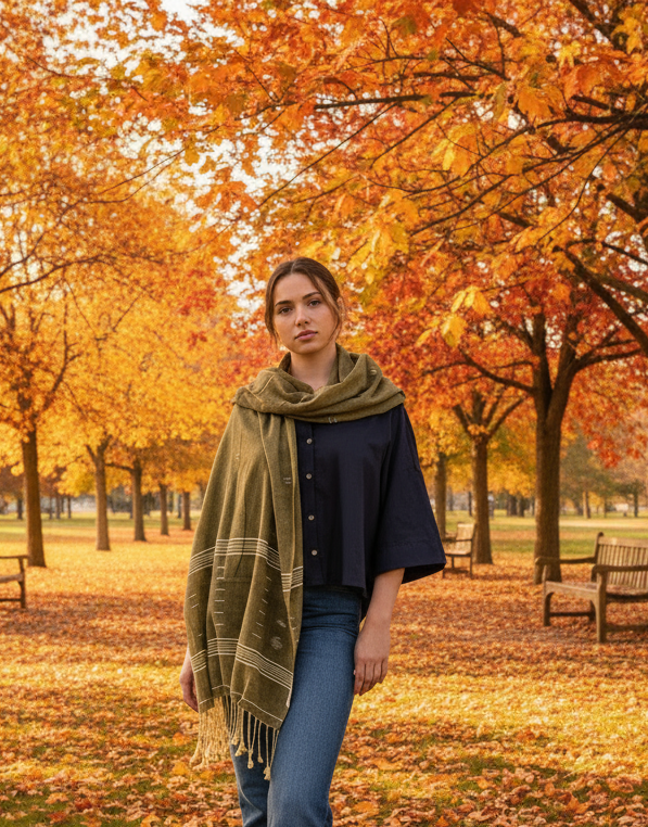 Person wearing an olive green cotton scarf with white jamdani geometric patterns