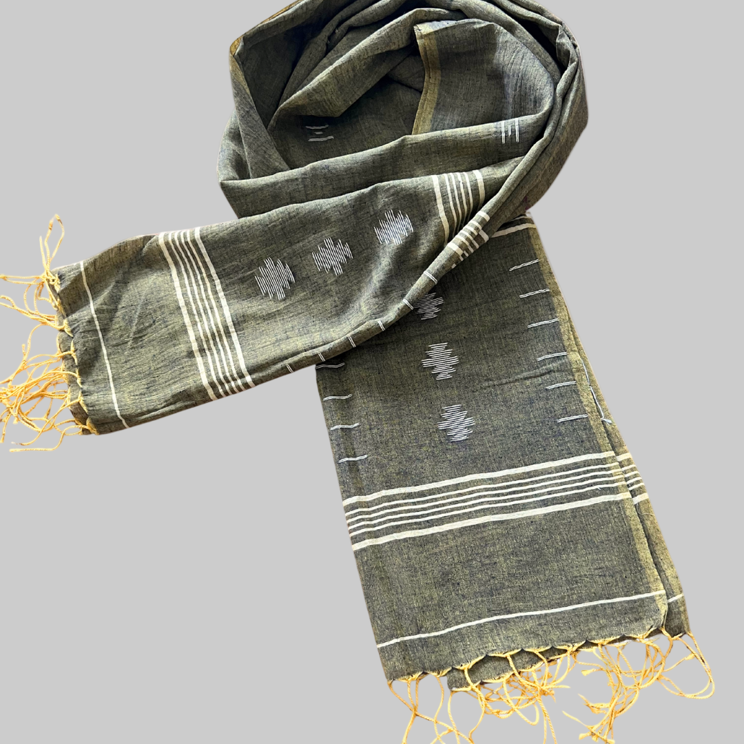 Olive Green cotton scarf with white patterns and fringes 
