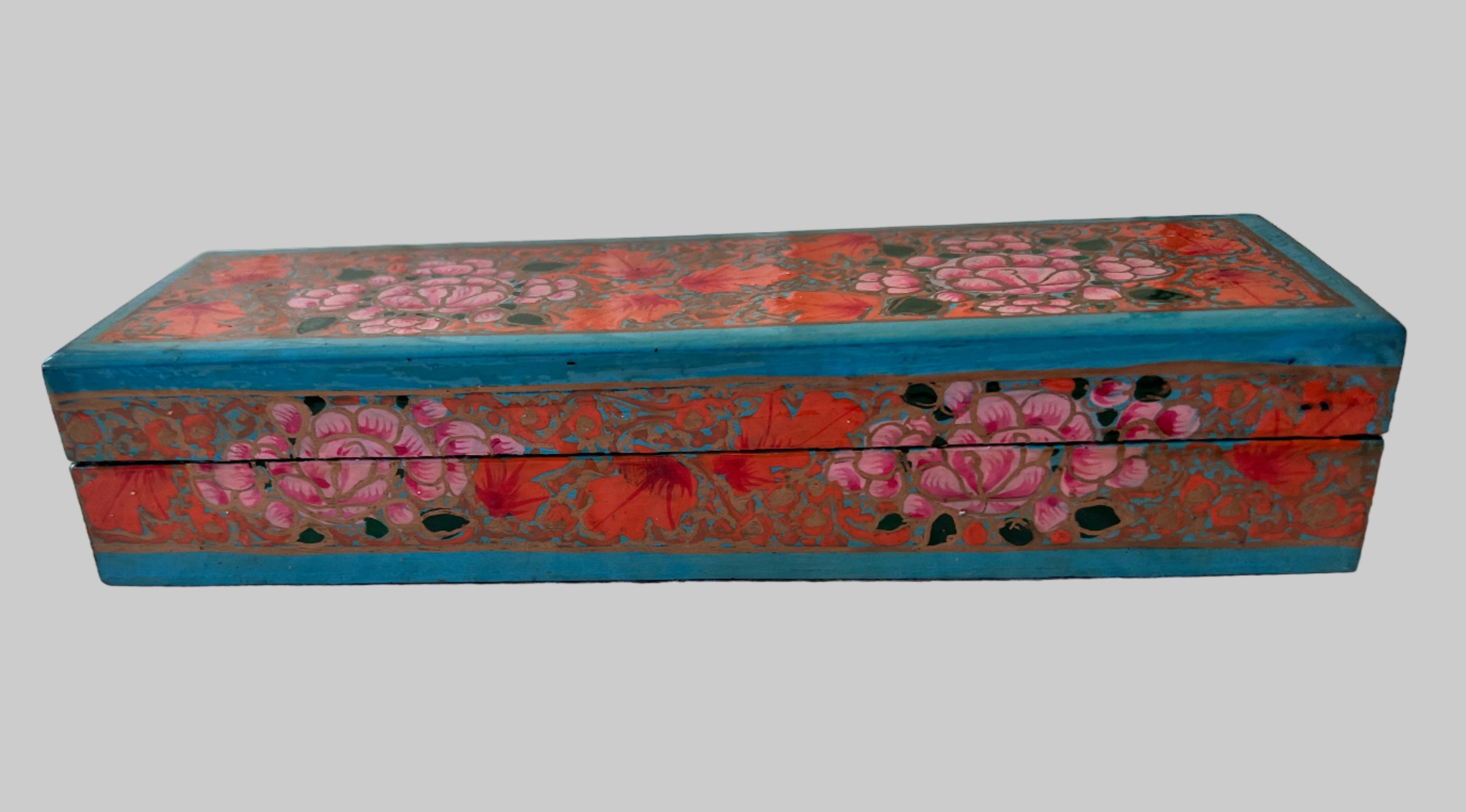Papier Mache Kashmiri Handpainted Orange and Pink floral Pencil Box 