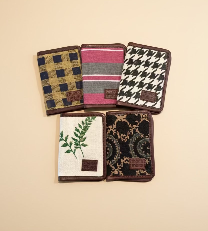 burlap-canvas block printed w leather trim- 5 designs
