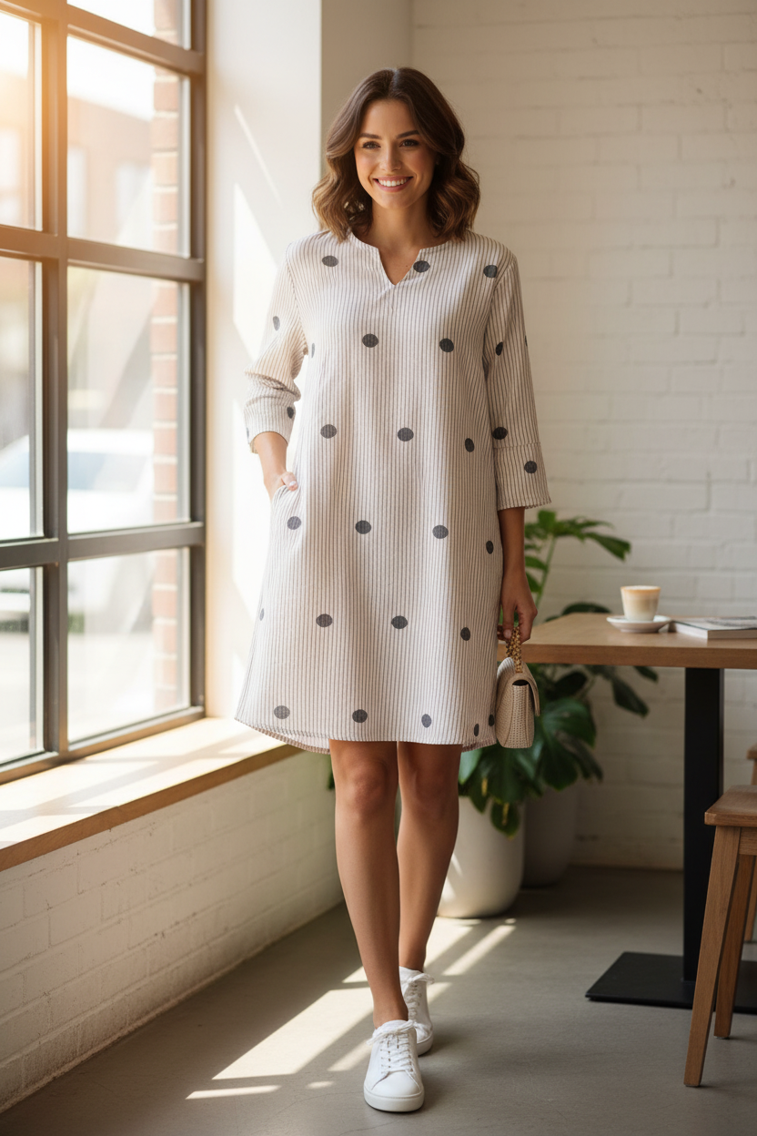 Woman wearing a polka dot dress made from muslin jamdani fabric