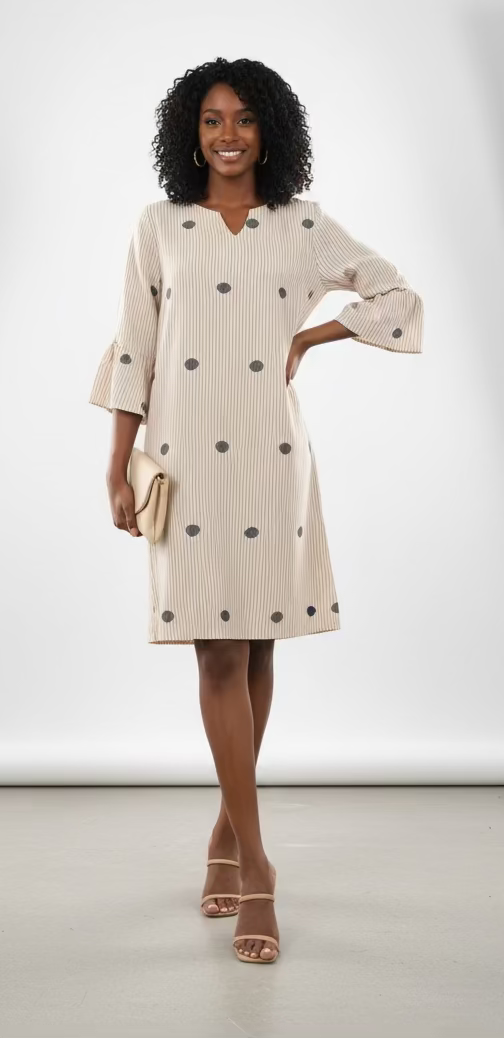 Polki Muslin Cotton dress with ruffled sleeves - white muslin cotton with stripes and grey jamdani circles