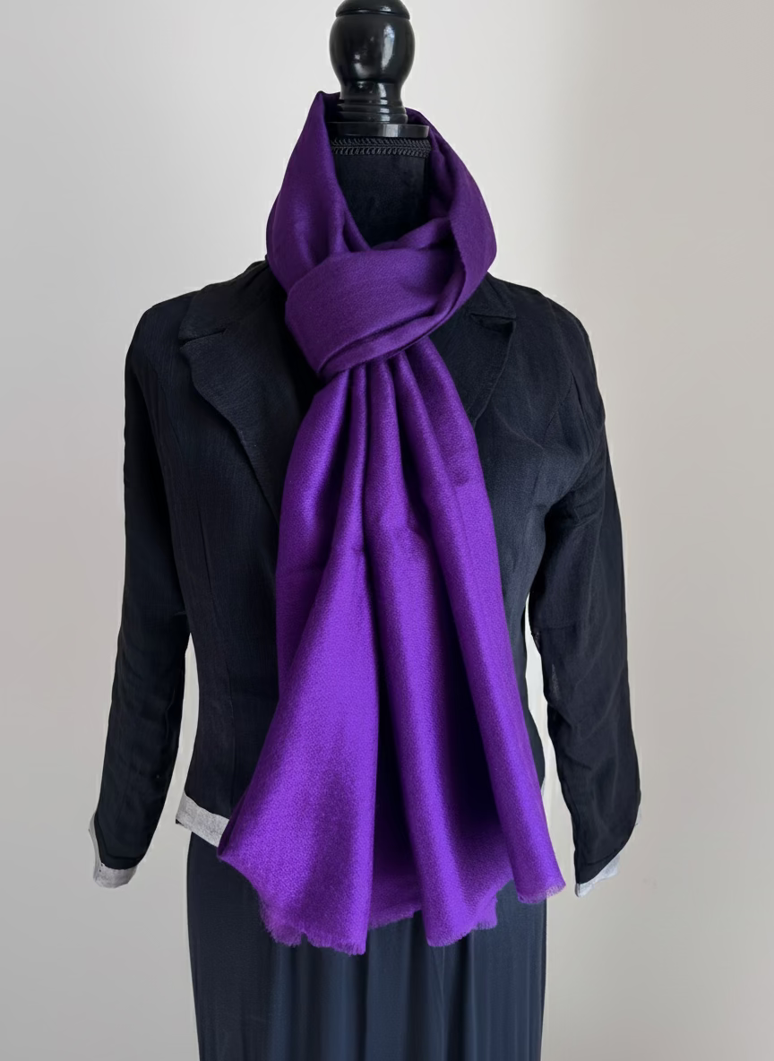 Pure Pashmina Luxury Scarf - Amethyst- on dress form - shorter