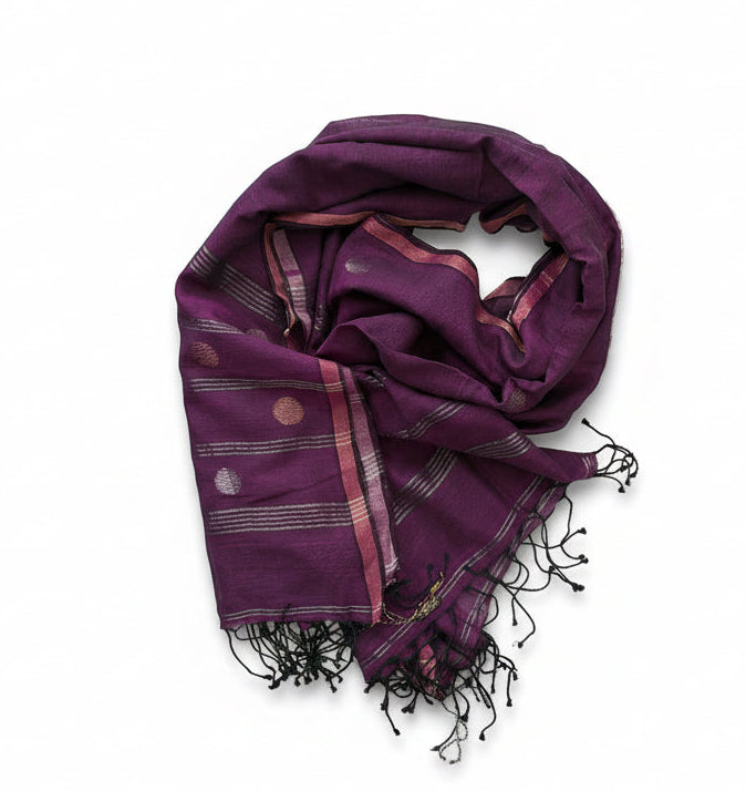 Purple Zari circle muslin Jamdani long scarf rolled