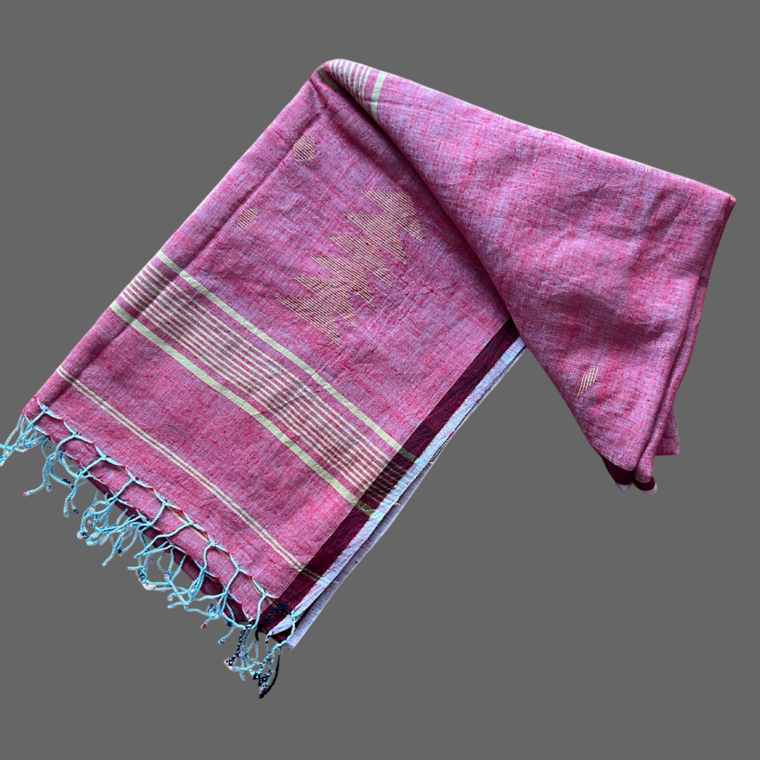 Fuchsia and rose gold blended scarf with tassels and arrow jamdani motifs