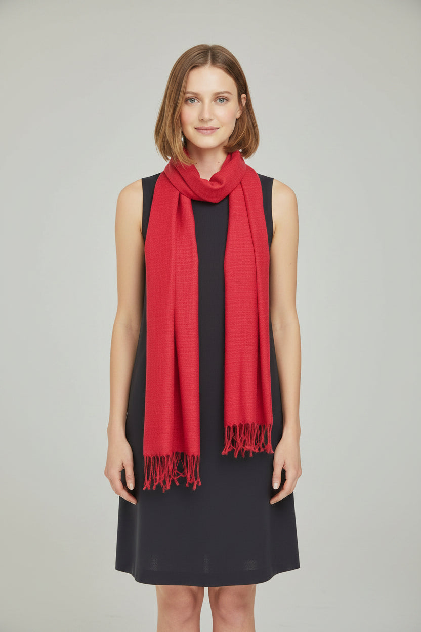 Red luxurious vegan silk scarf on woman