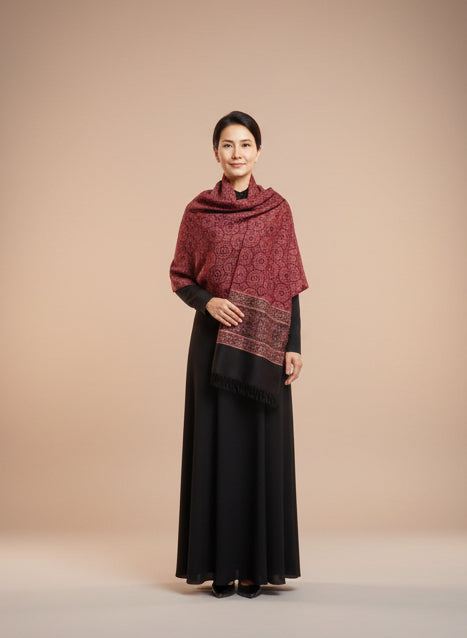 Red and Black Ajrakh fine wool scarf as draped styling