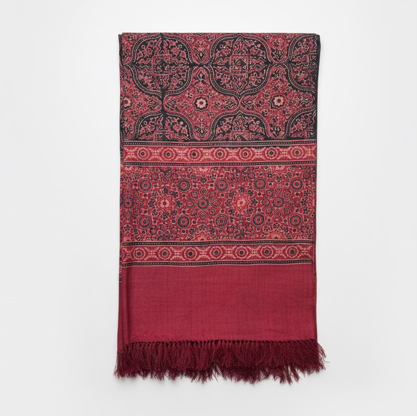 Red geometric floral Ajrakh fine wool scarf