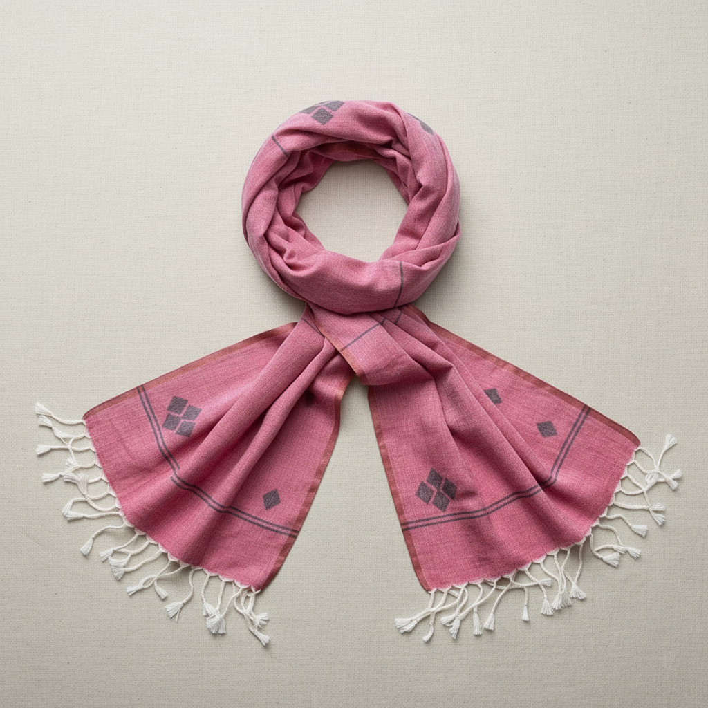 Rose gold scarf with black stripes and Jamdani motifs and white tassels 