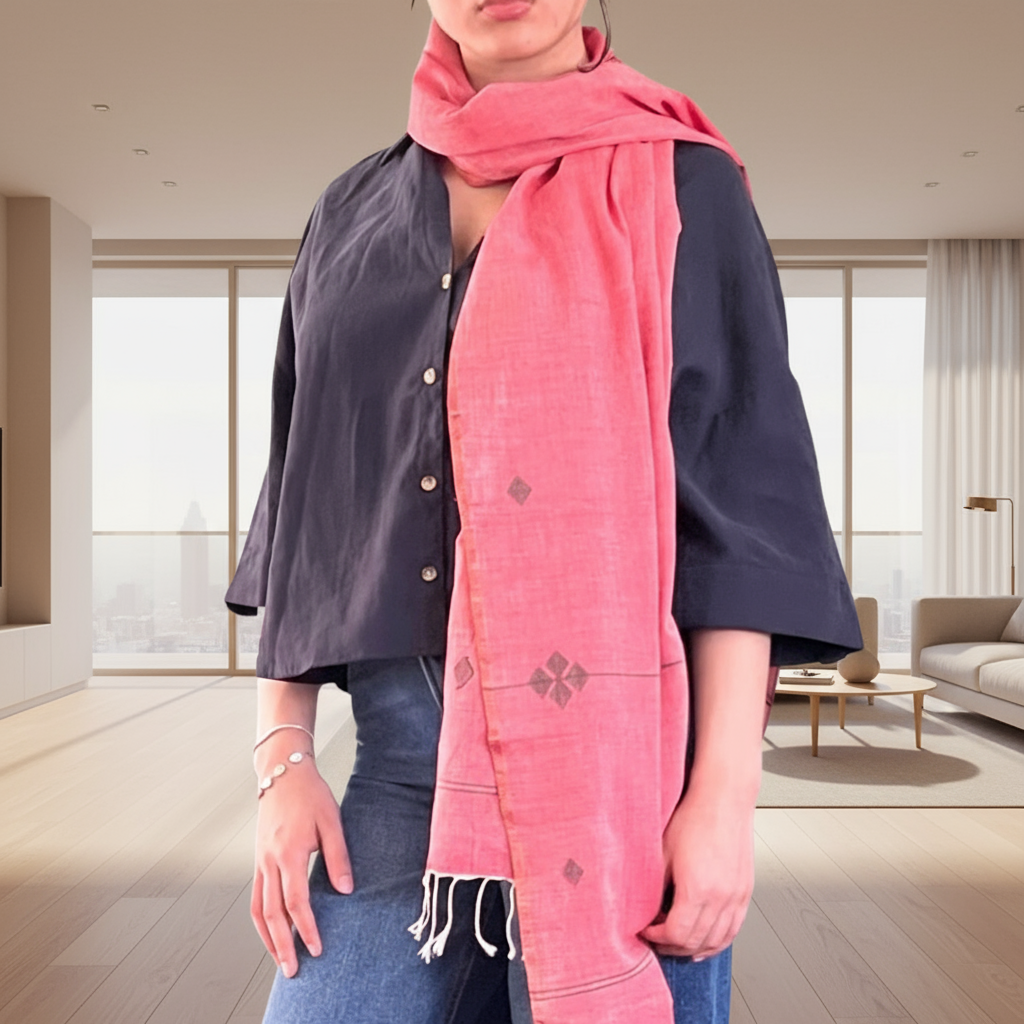 Person wearing a rose gold scarf with black jamdani floral patterns
