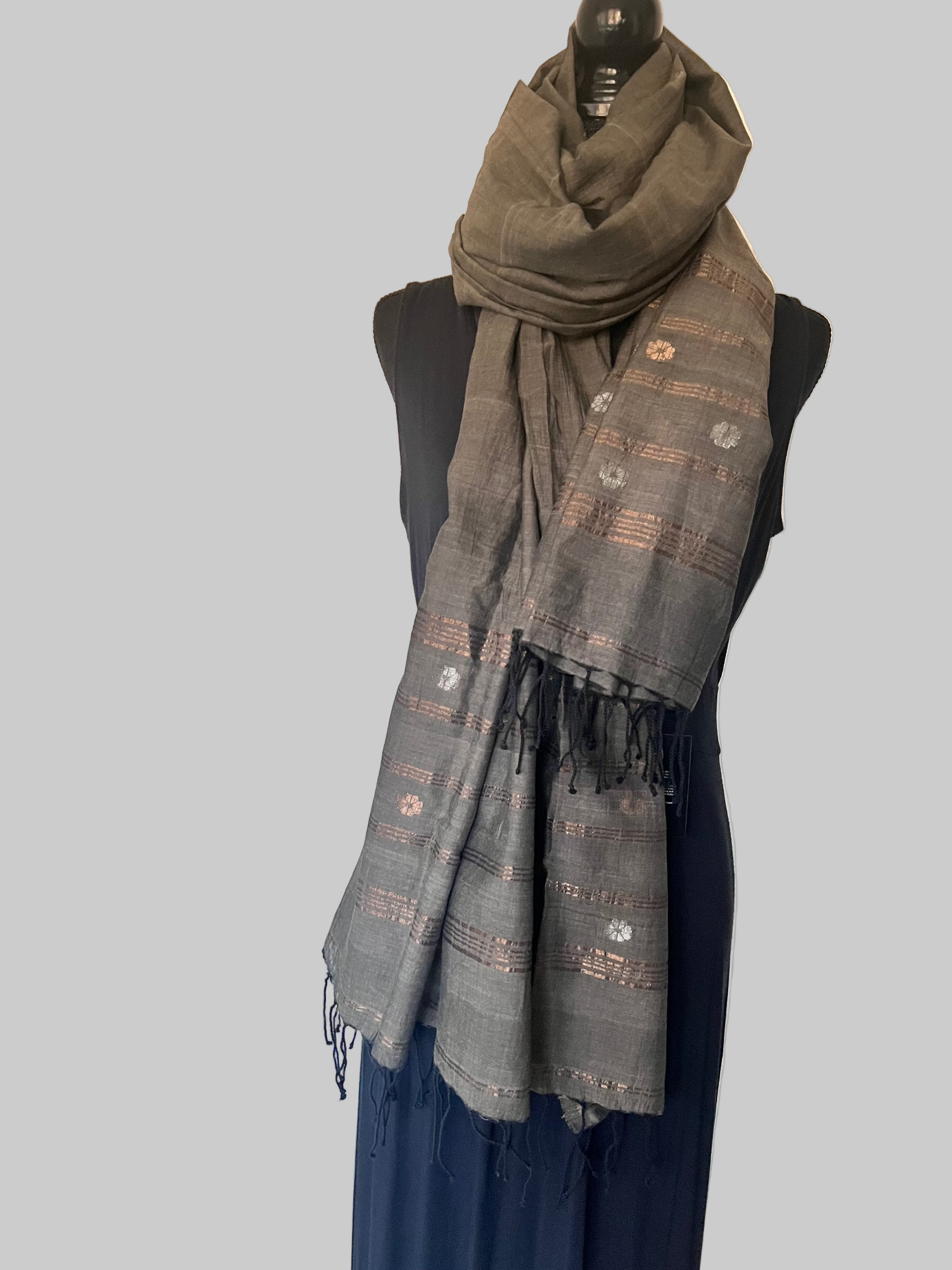 Smoky Zari Boota Jamdani Muslin Luxury Scarf - coiled