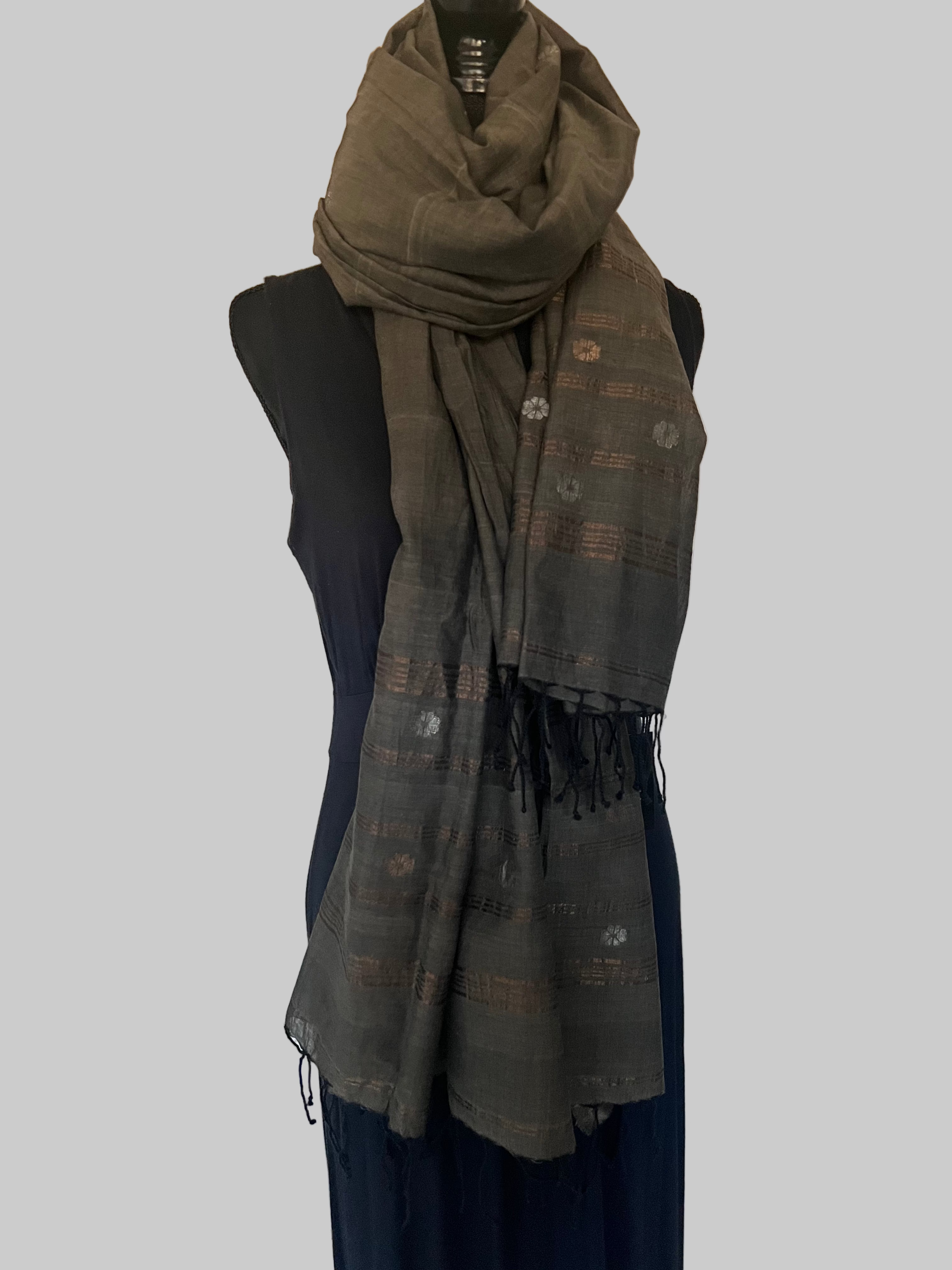 Smoky Grey Zari Boota Luxury Jamdani scarf long on dress form