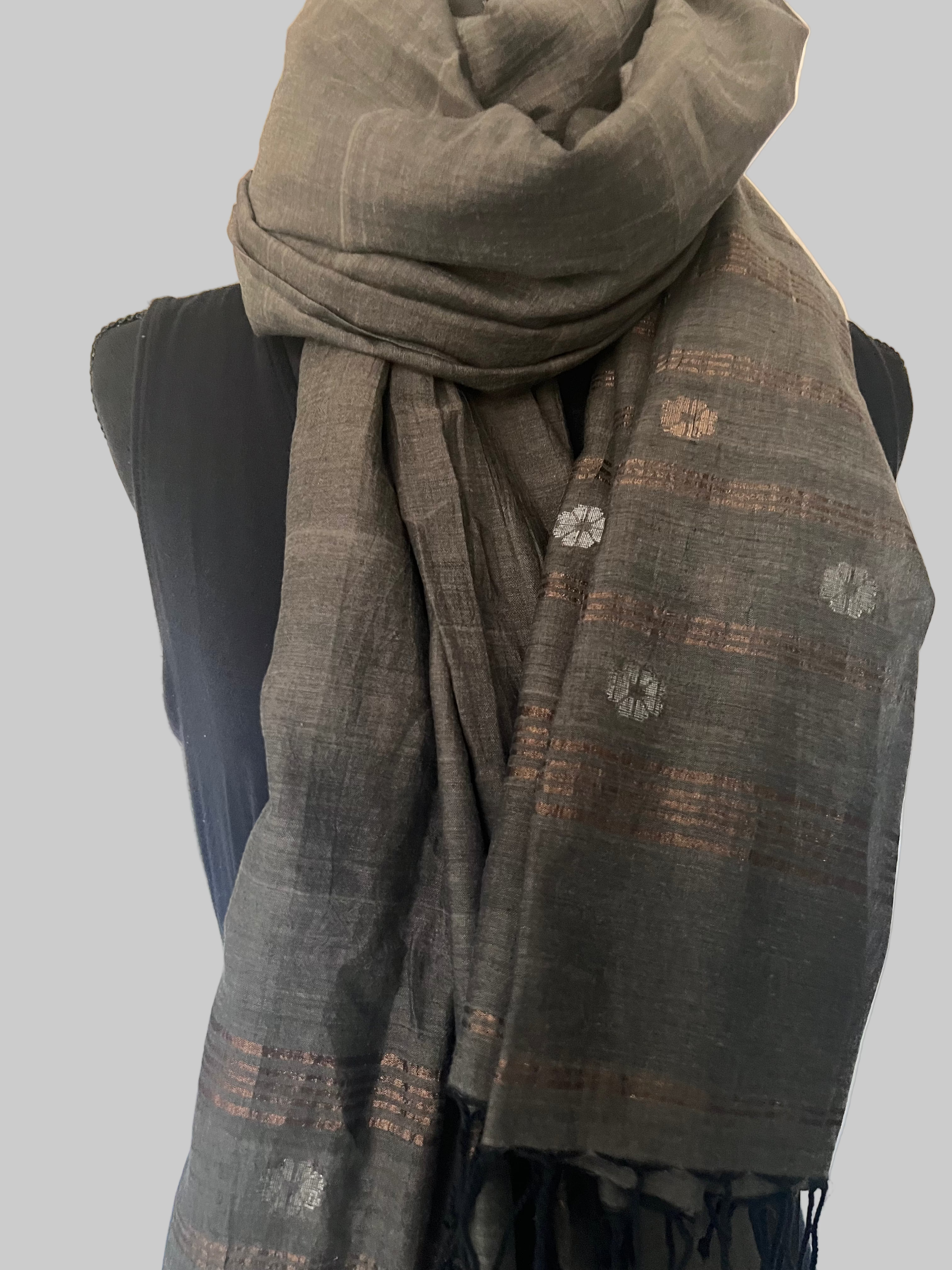 Smoky Zari Boota Luxury Jamdani scarf on dress form