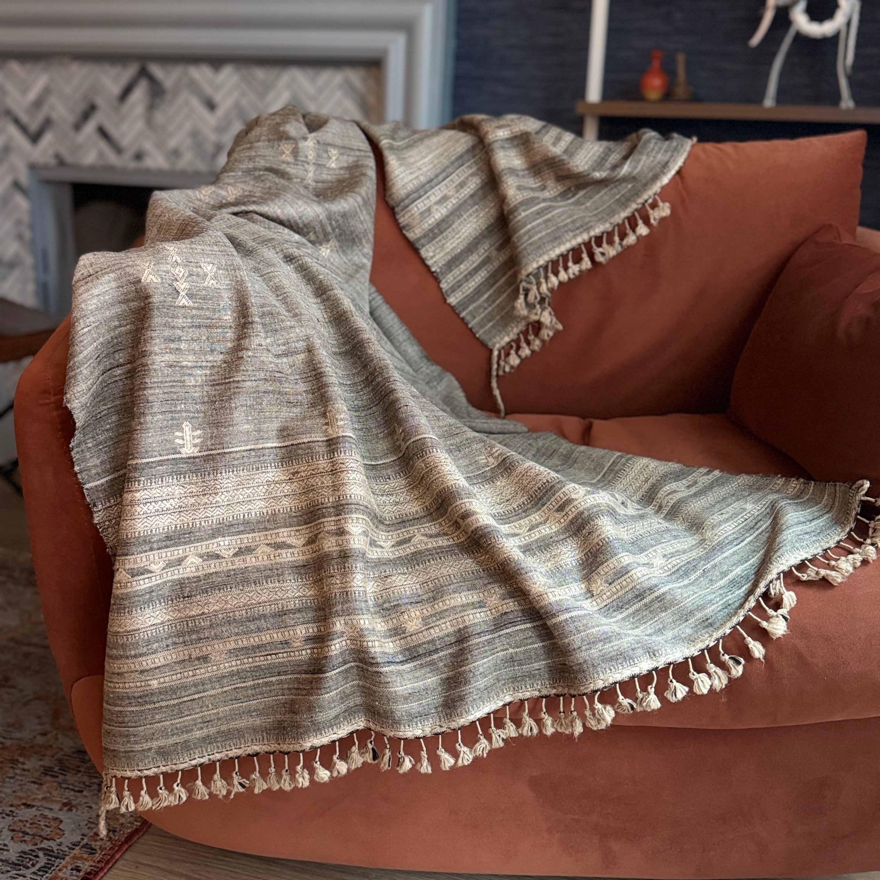 Vegan Silk-wool handwoven Jalboota throw-graphite color
