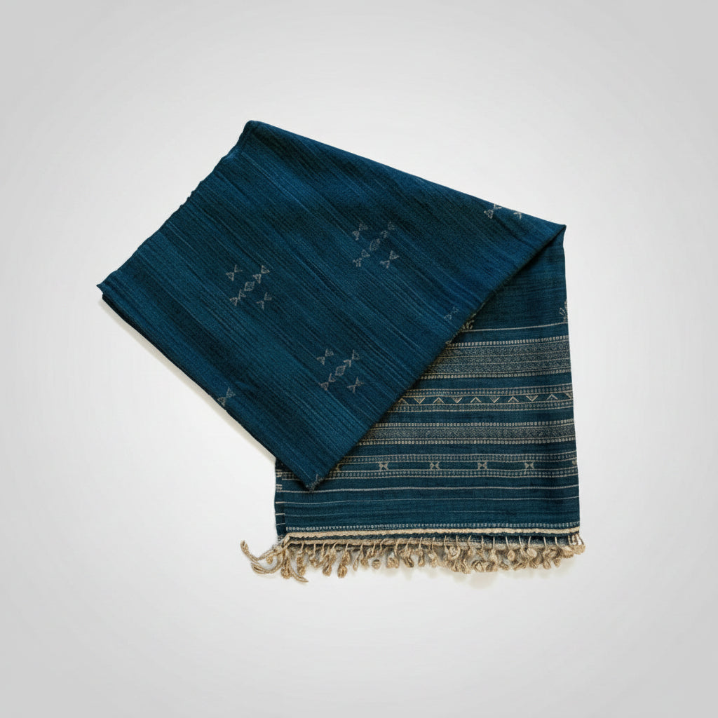 Vegan Silk-wool handwoven Jalboota throw-indigo color