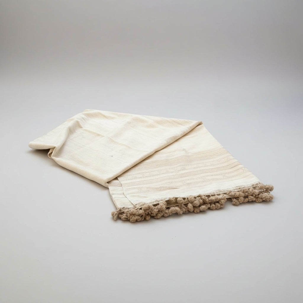 Vegan Silk-wool handwoven Jalboota throw-off-white color