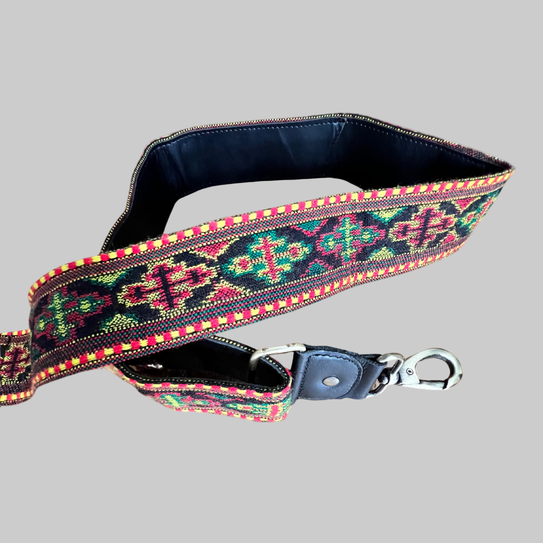 handwoven crossbody strap with genuine leather back rolled