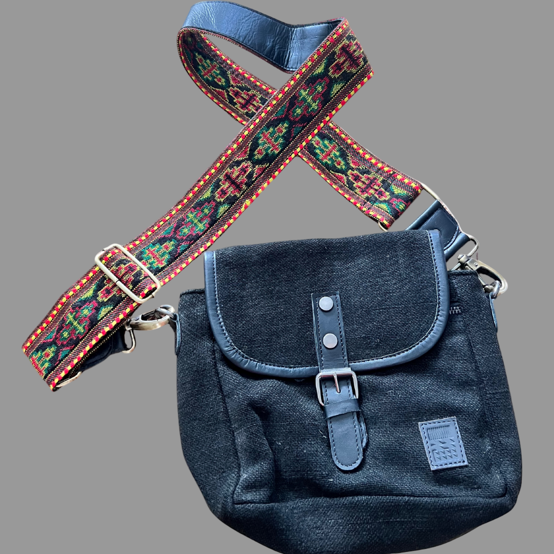 handwoven crossbody strap with genuine leather back with black bag
