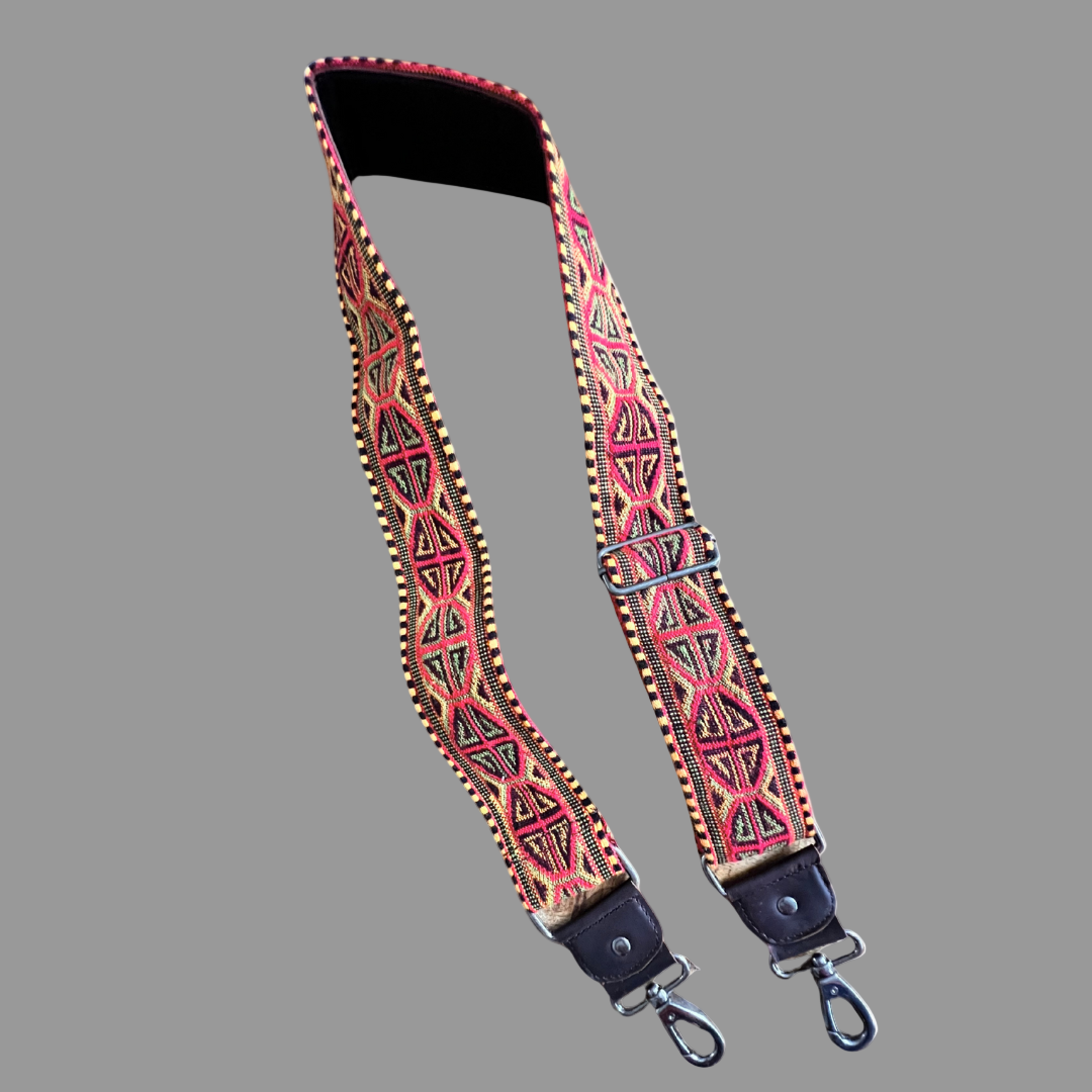 Decorative handmade crossbody bag strap with geometric pattern with leather backing