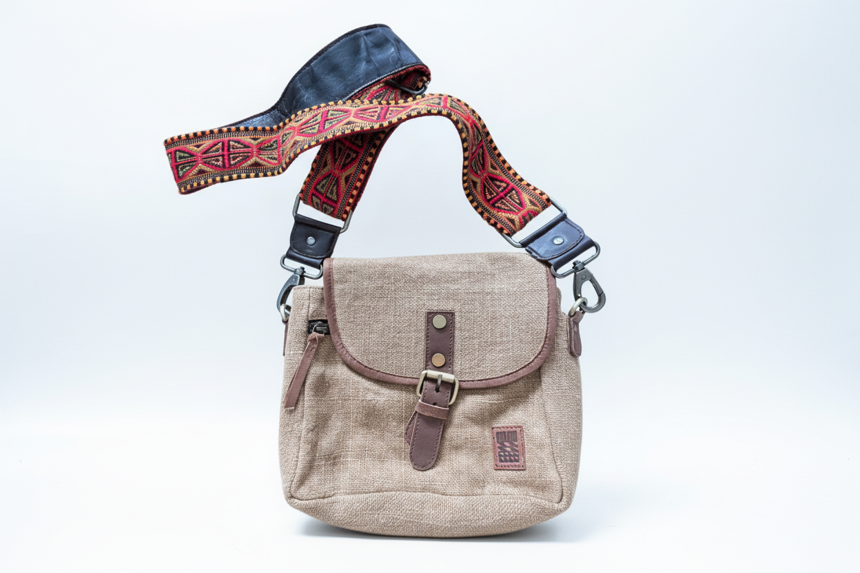 Decorative handmade crossbody bag strap with geometric pattern with leather backing with a camel bag
