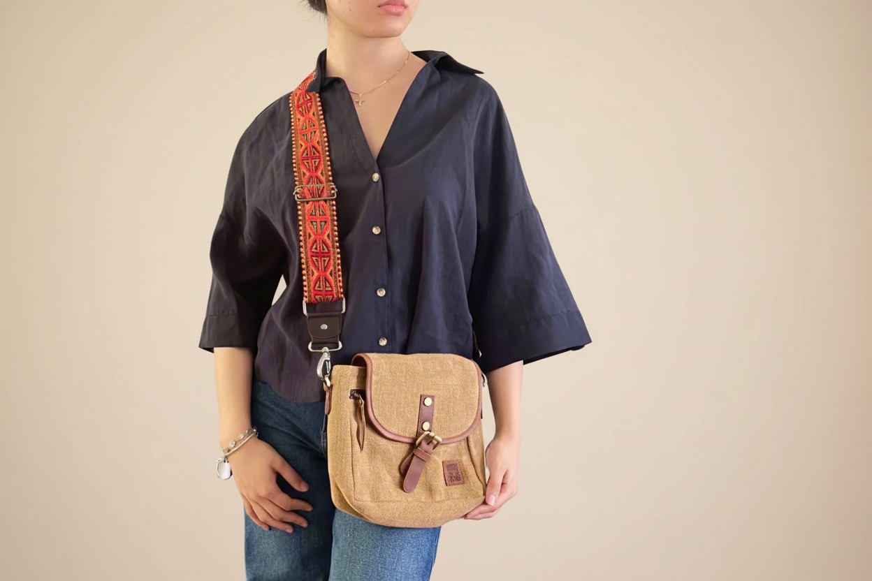 parvatistrap_PV01_on model, with camel bag handwoven front and genuine leather  back