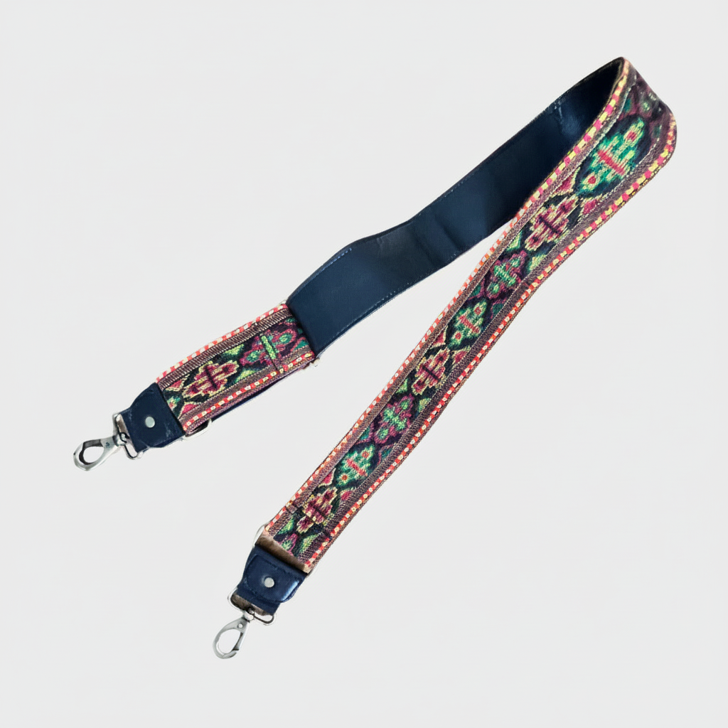 handwoven crossbody strap with genuine leather back