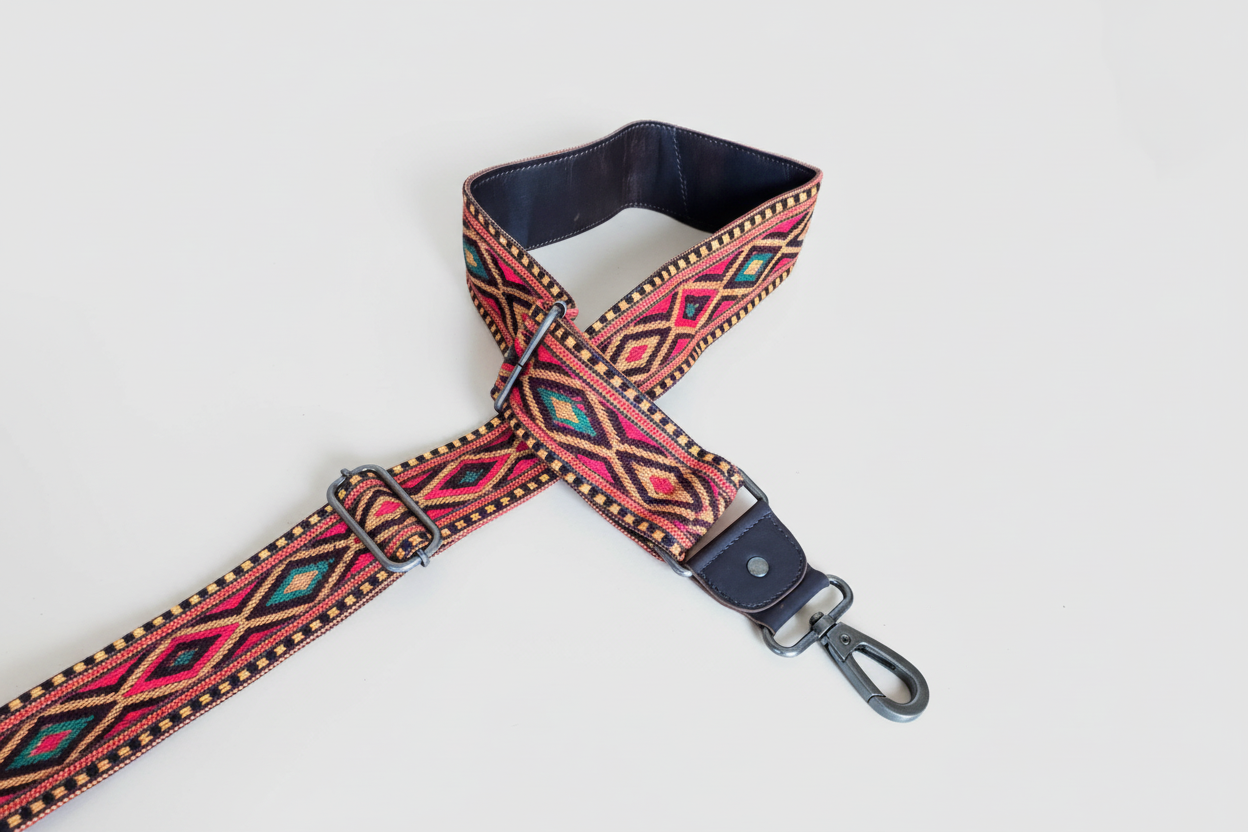 Multicolored patterned strap with leather leather back and handwoven cloth front