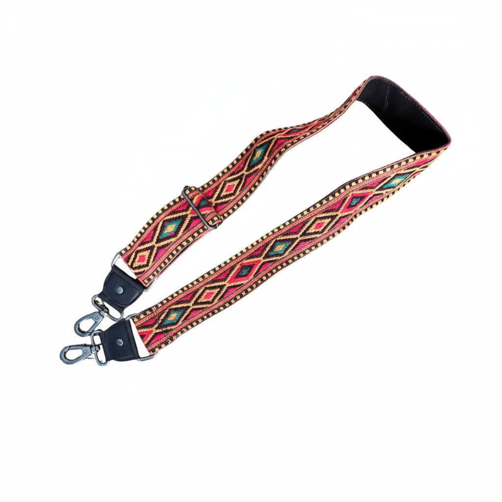 Colorful patterned strap with leather back and metal clasp 